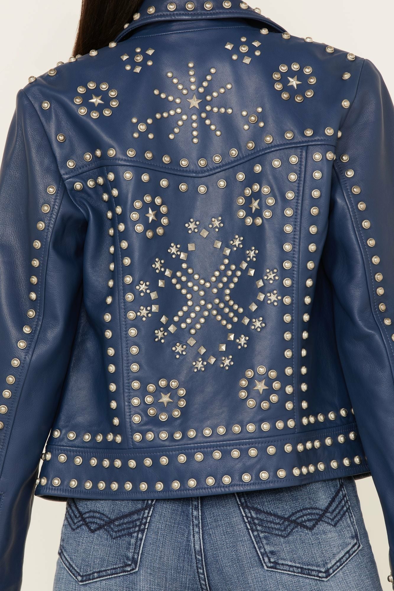 Idyllwind Studded Moto Leather Jacket Blue
