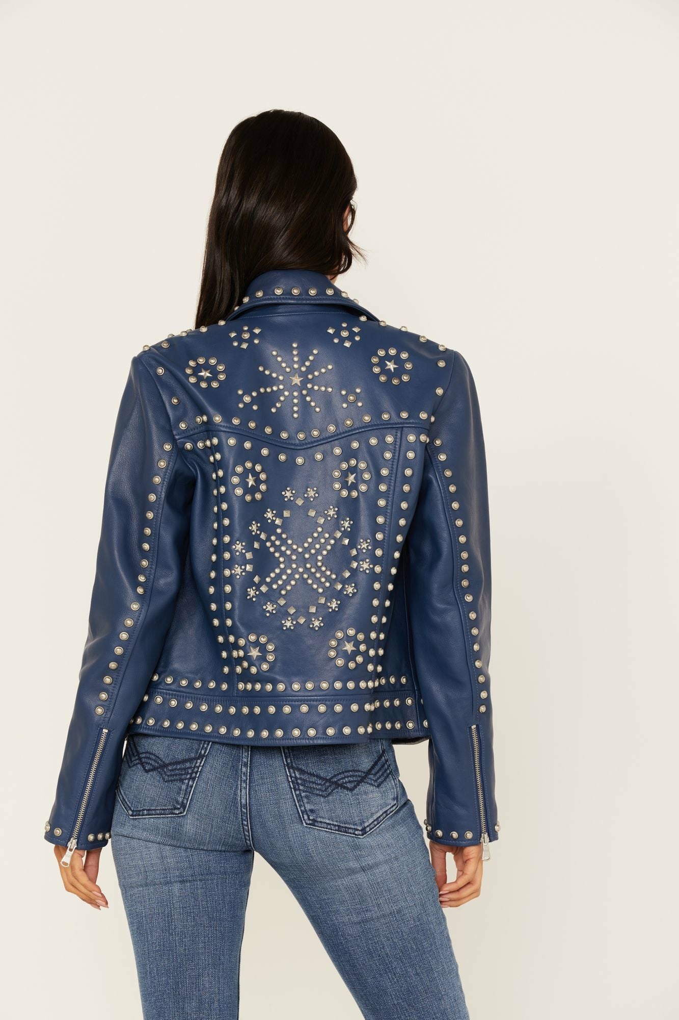 Idyllwind Studded Moto Leather Jacket Blue