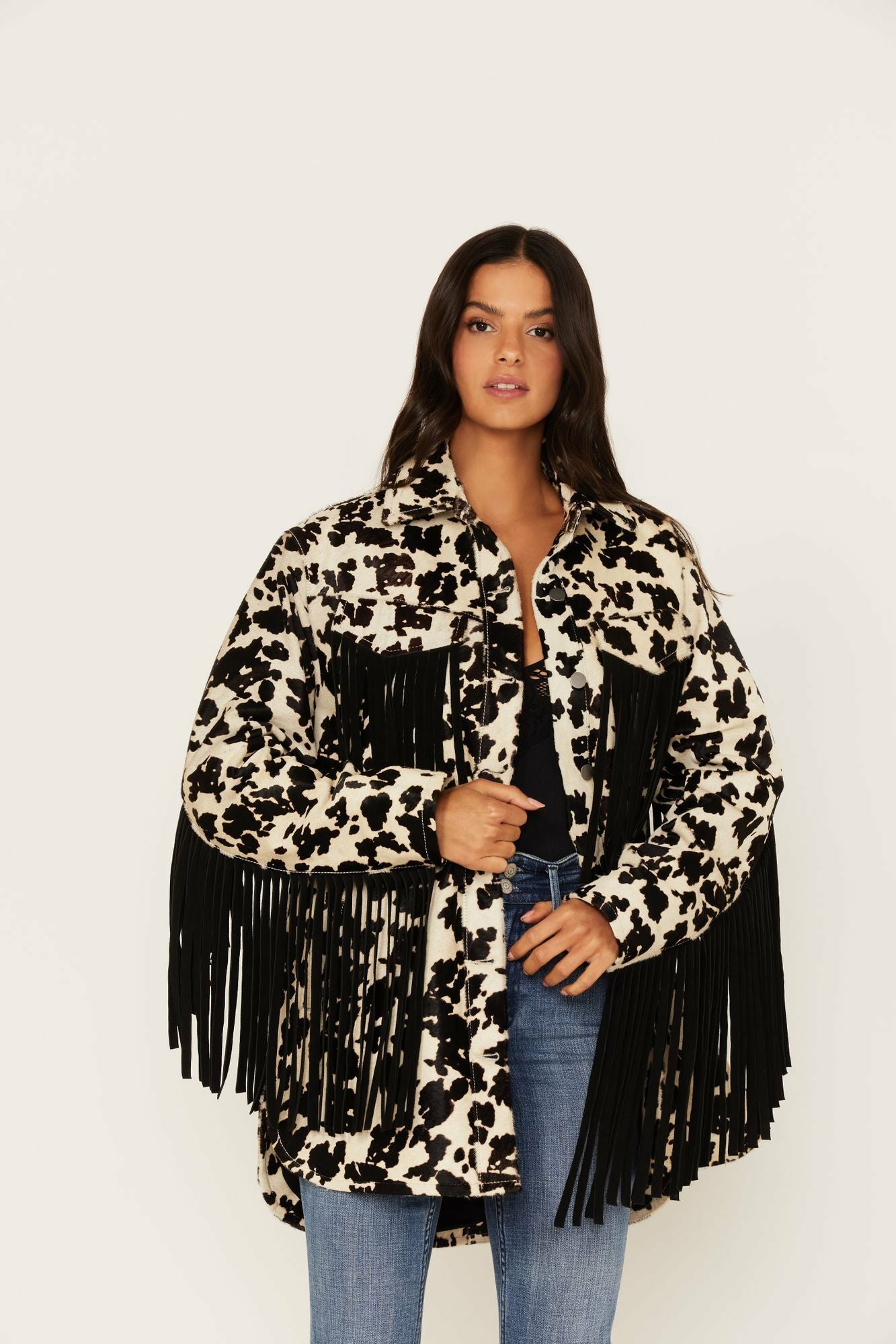 Idyllwind Hair-On Cow Hide Fringe Shacket Jacket White