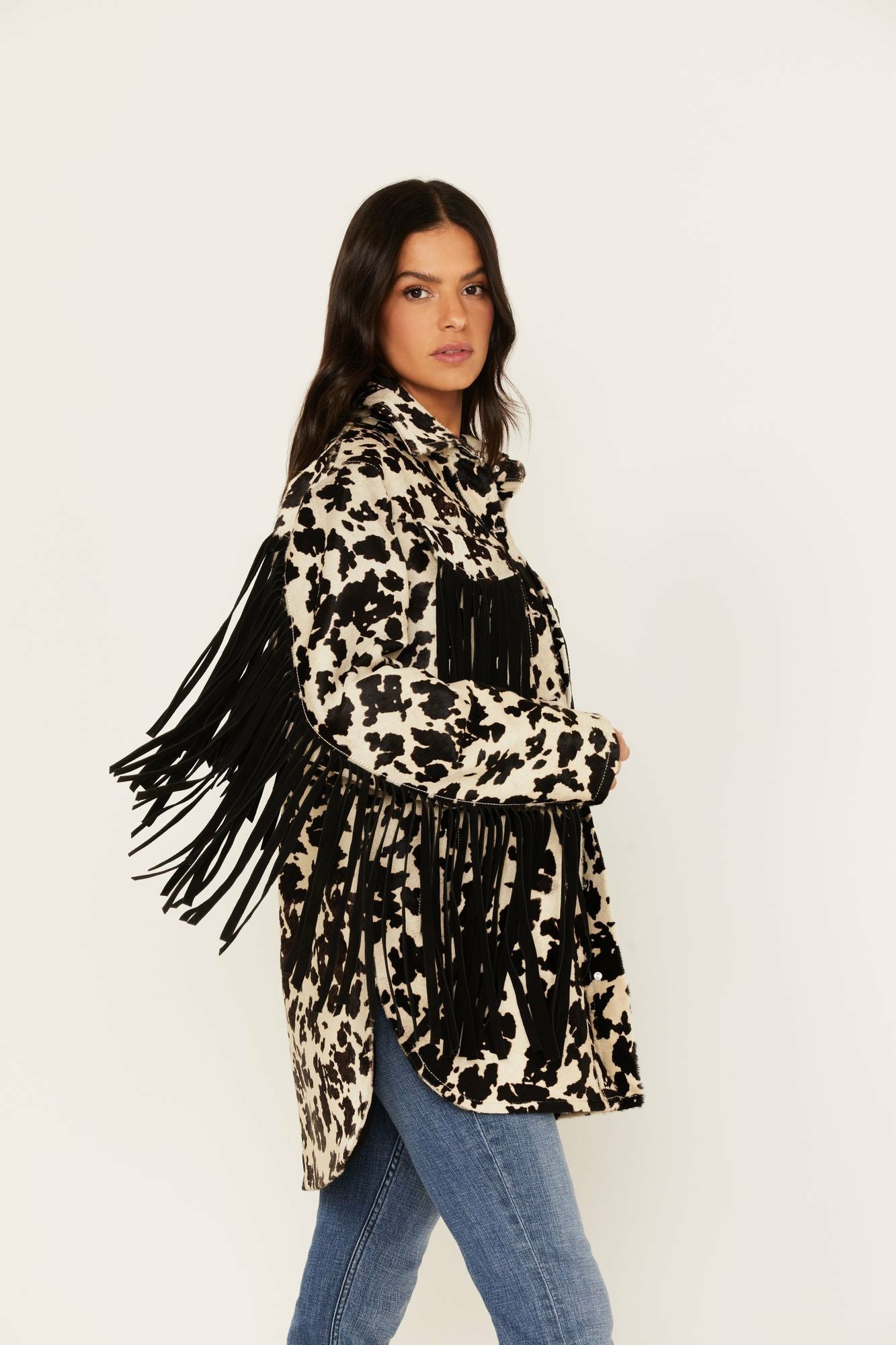 Idyllwind Hair-On Cow Hide Fringe Shacket Jacket White