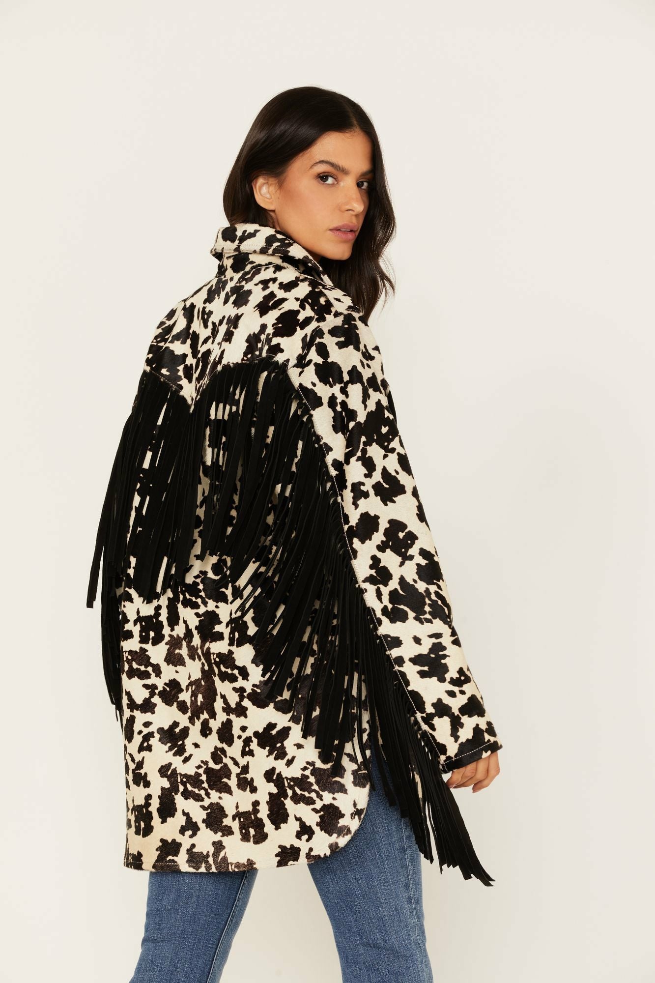 Idyllwind Hair-On Cow Hide Fringe Shacket Jacket White