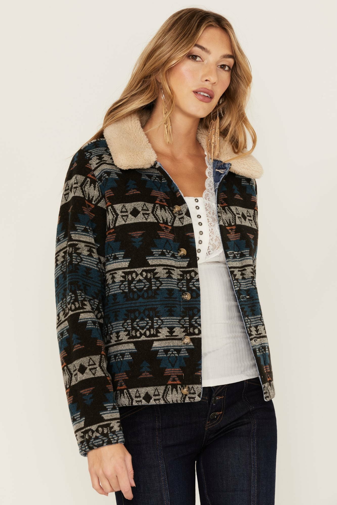 Idyllwind Medium Wash Reversible Sherpa Blanket Denim Jacket Dark Wash