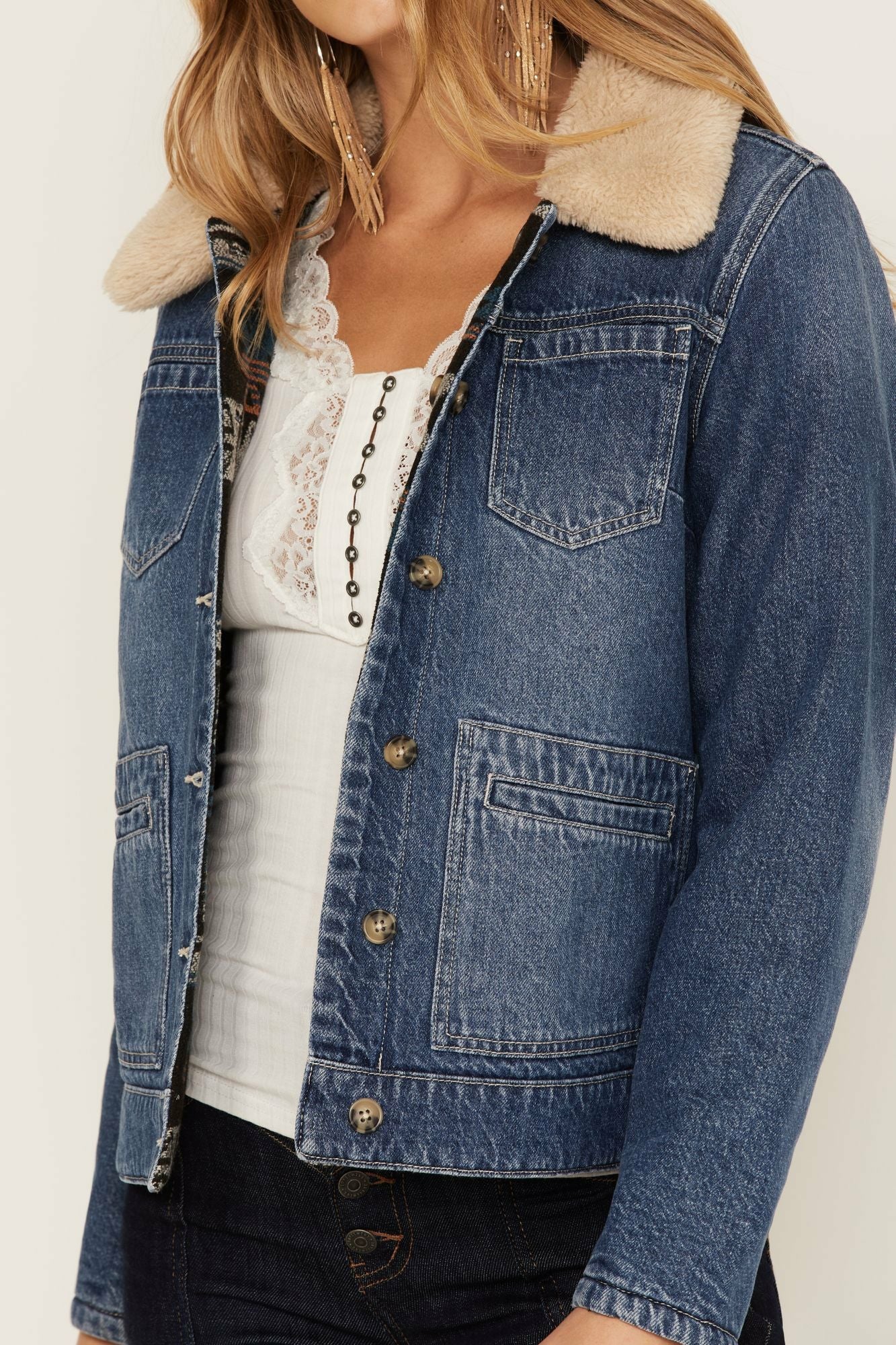 Idyllwind Medium Wash Reversible Sherpa Blanket Denim Jacket Dark Wash