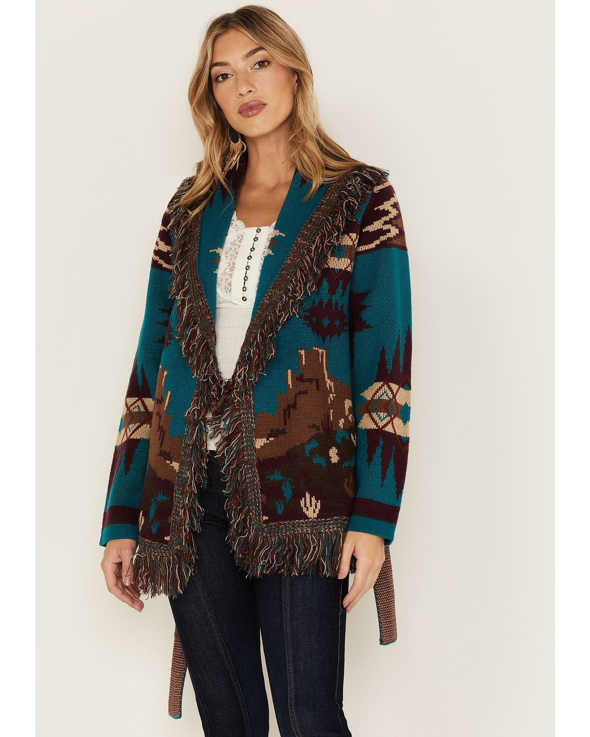 Idyllwind River Run Southwestern Print Belted Cardigan Sweater Blue