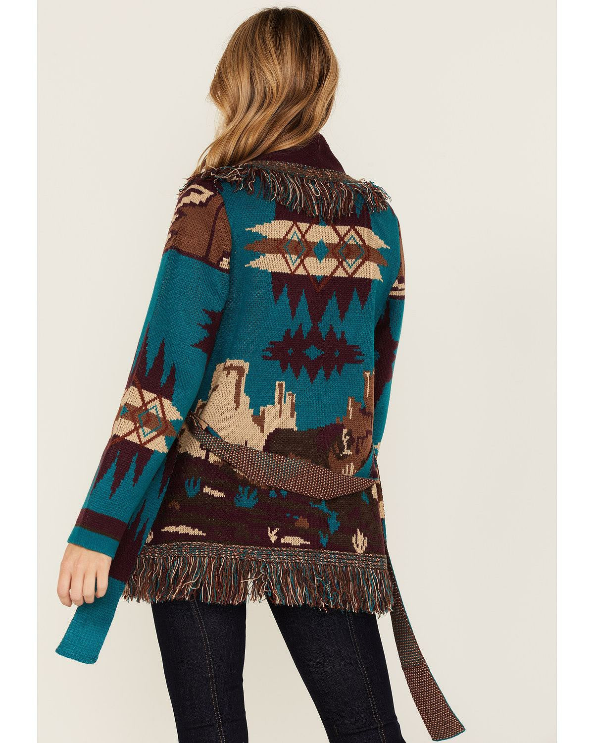 Idyllwind River Run Southwestern Print Belted Cardigan Sweater Blue