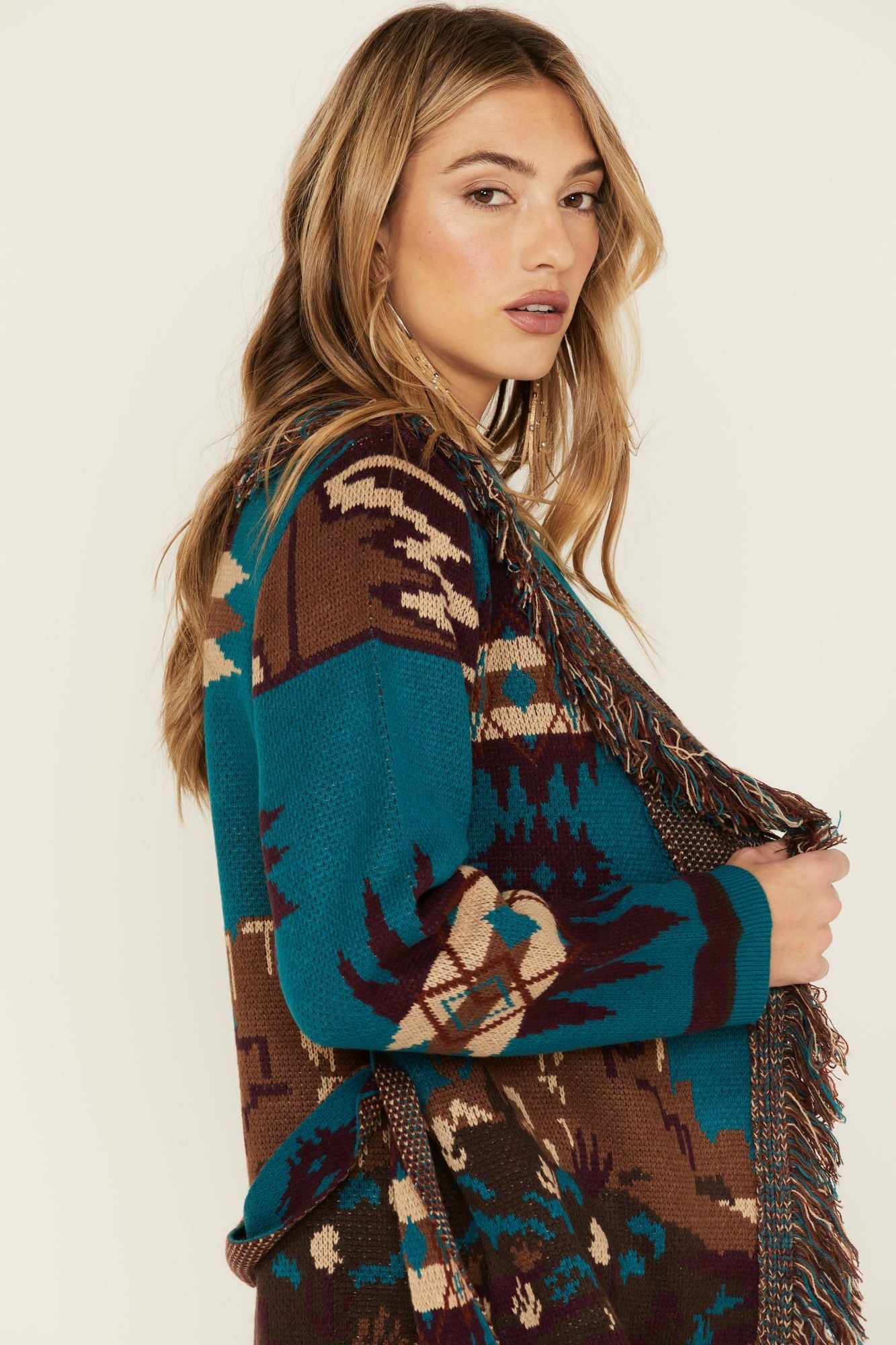 Idyllwind River Run Southwestern Print Belted Cardigan Sweater Blue