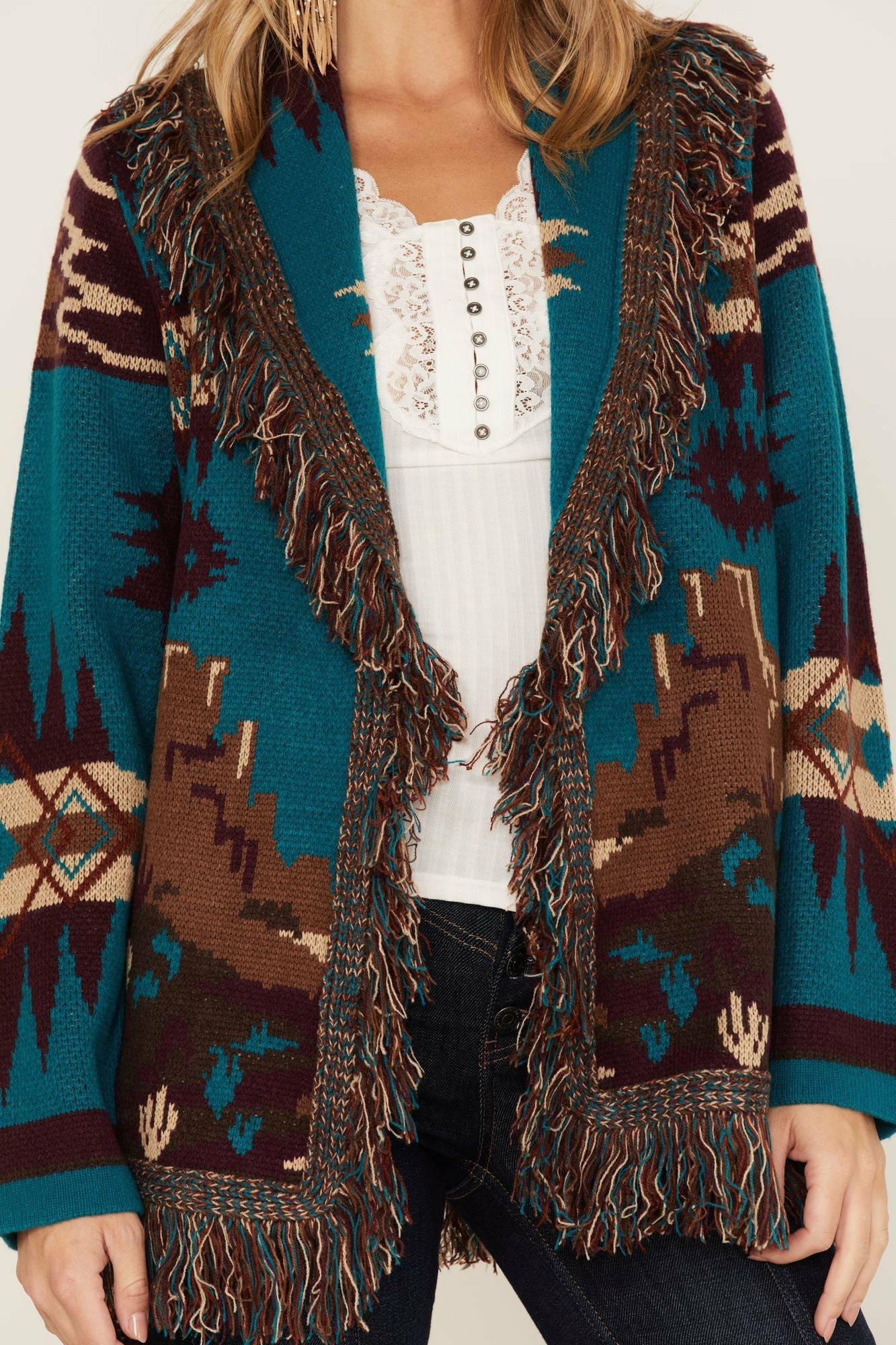 Idyllwind River Run Southwestern Print Belted Cardigan Sweater Blue