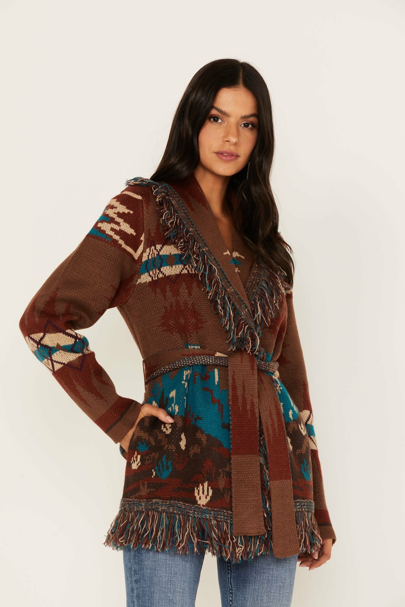 Idyllwind River Run Southwestern Print Belted Cardigan Sweater Blue