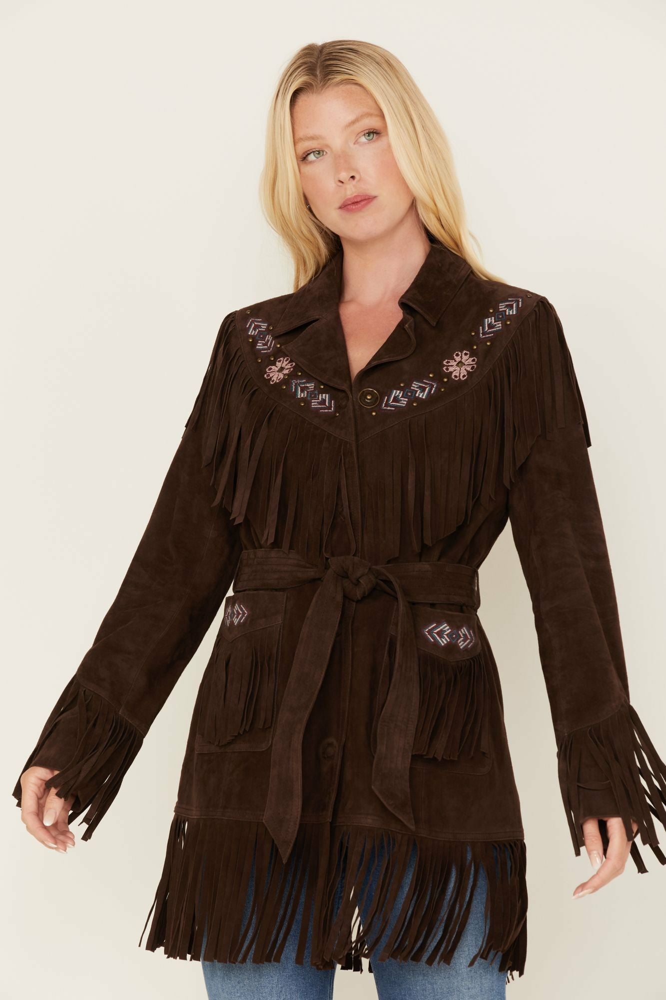 Idyllwind Batavia Embroidered Fringe Suede Jacket Dark Brown