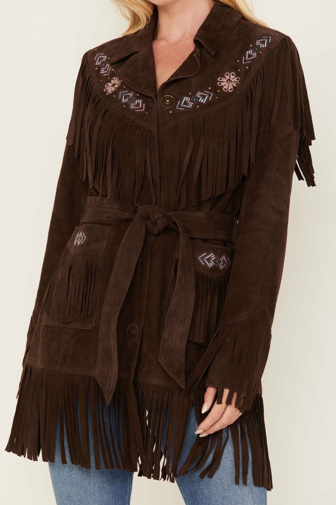 Idyllwind Batavia Embroidered Fringe Suede Jacket Dark Brown