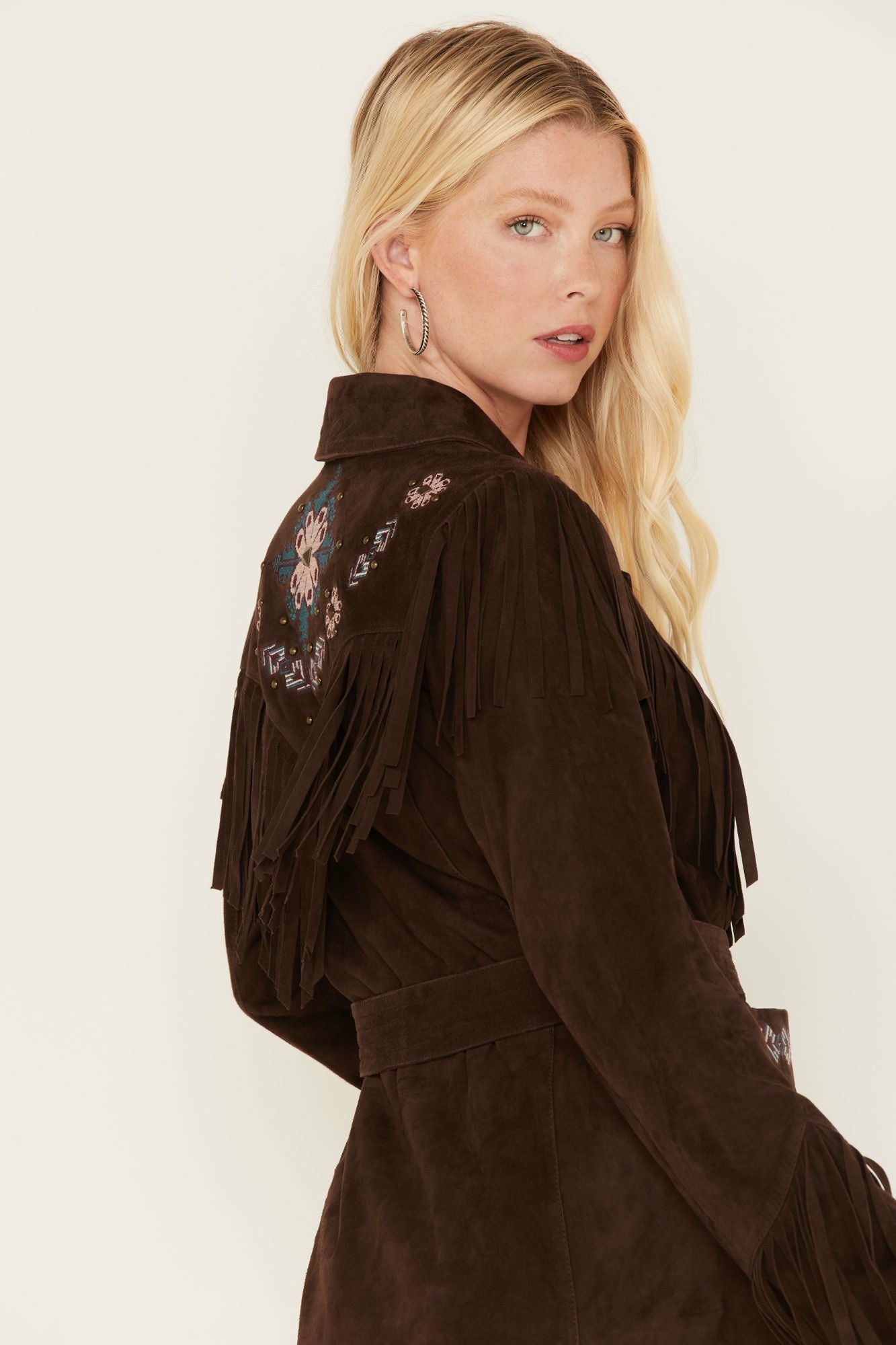 Idyllwind Batavia Embroidered Fringe Suede Jacket Dark Brown
