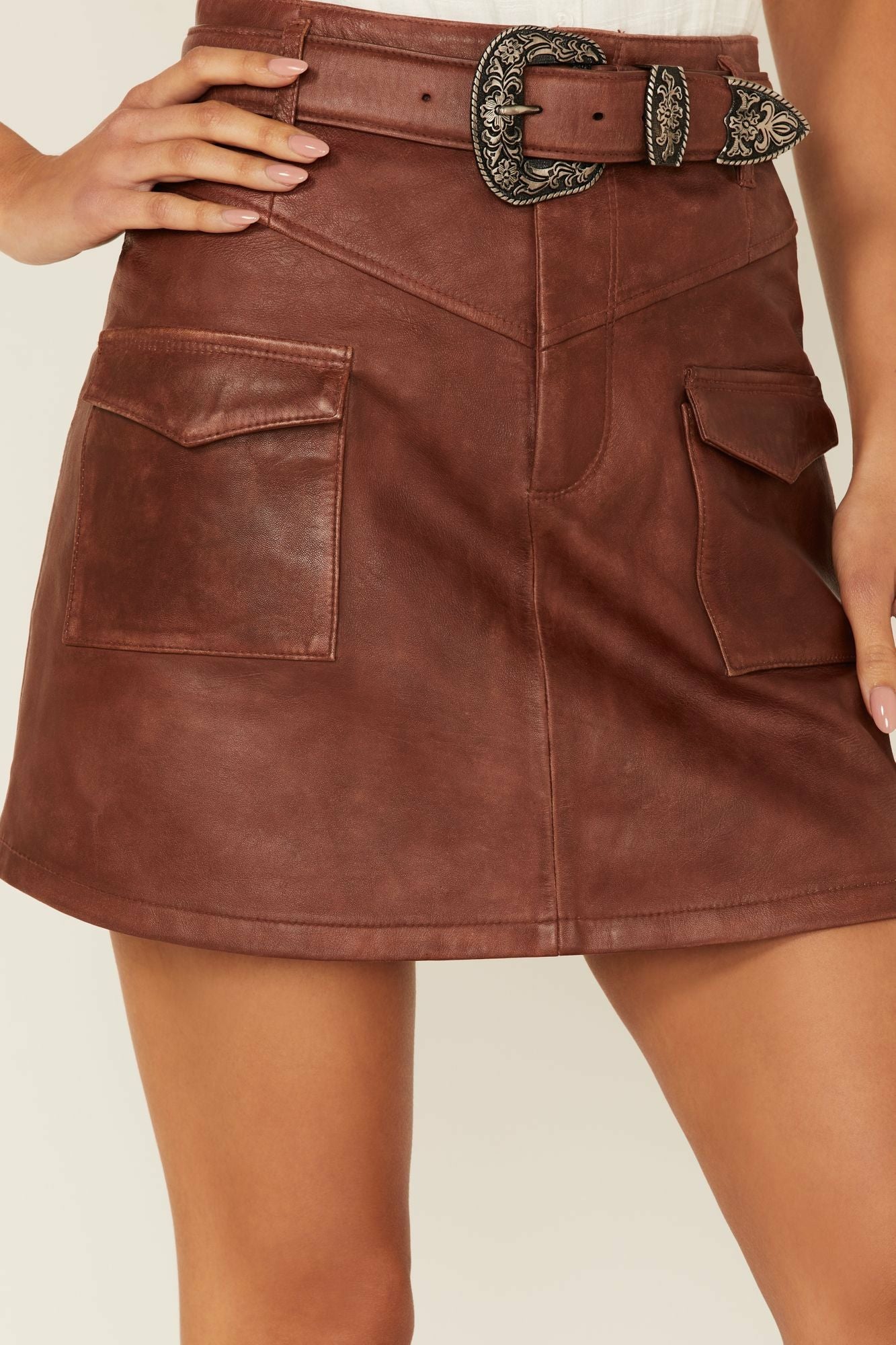 Idyllwind Western Belt Leather Mini Skirt Brandy Brown