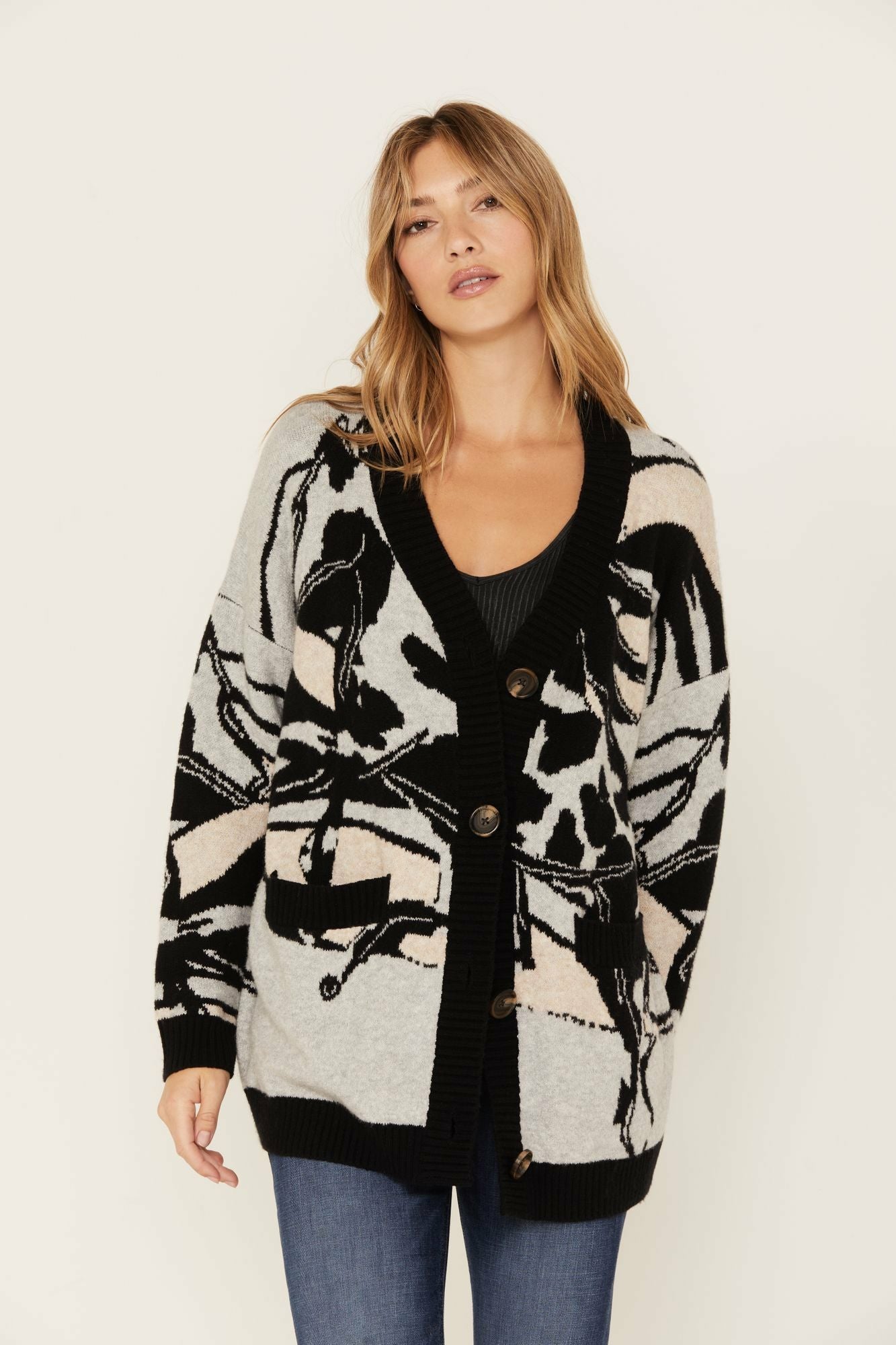 Idyllwind Alice Floral Abstract Cardigan Sweater Grey