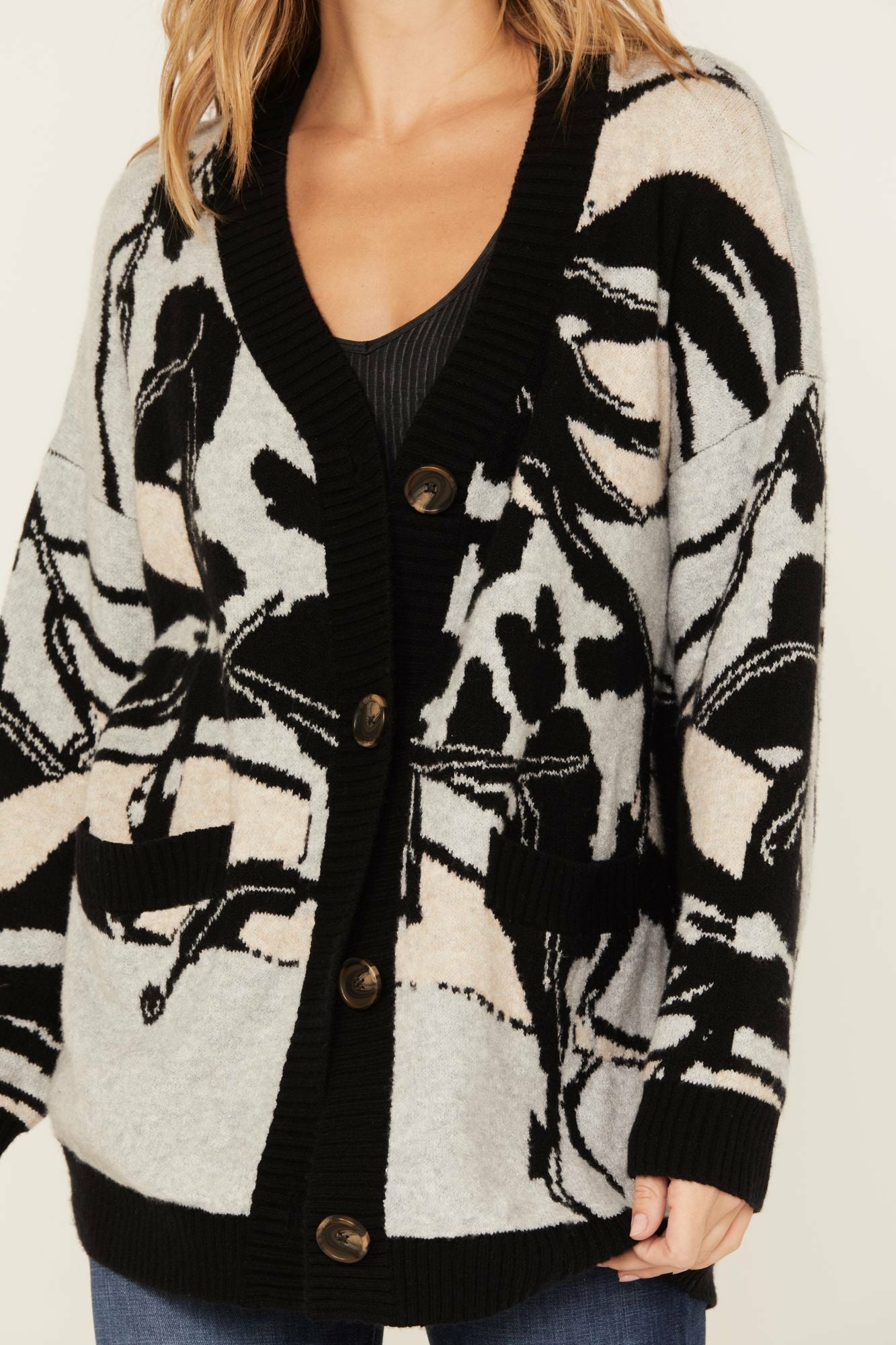 Idyllwind Alice Floral Abstract Cardigan Sweater Grey