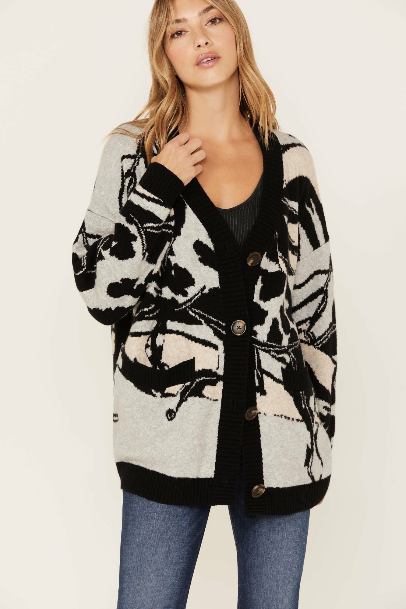 Idyllwind Alice Floral Abstract Cardigan Sweater Grey