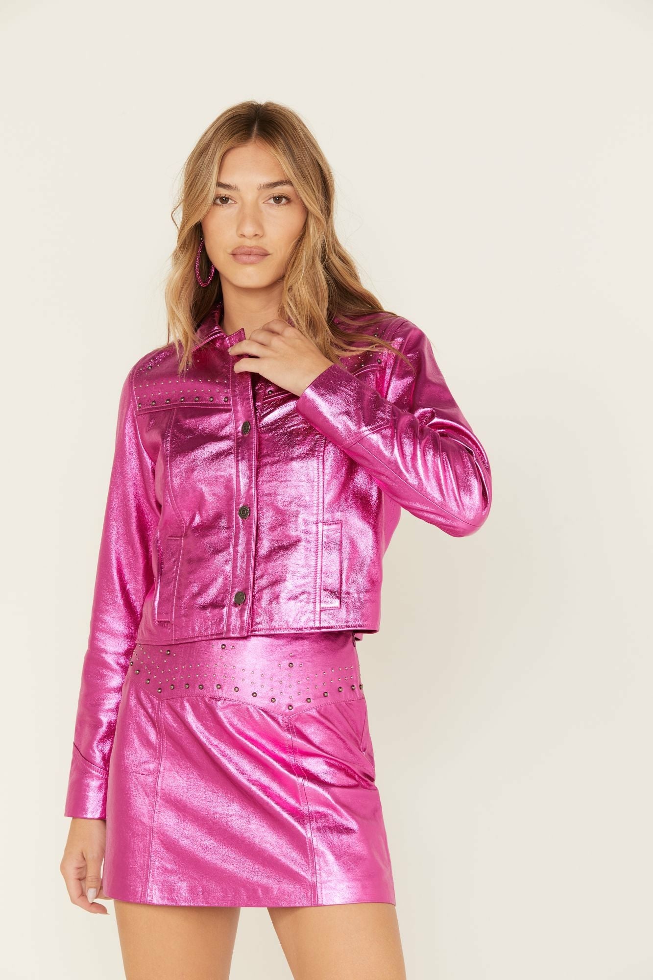 Idyllwind Show Stopper Studded Metallic Leather Jacket Fuchsia