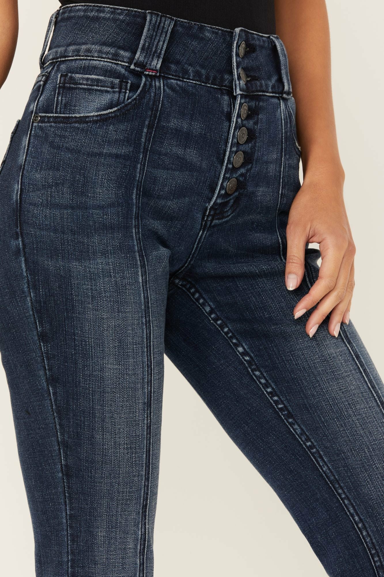 Idyllwind Somerhill Outlaw High Rise Bootcut Button Fly Stretch Denim Jeans Dark Medium Wash