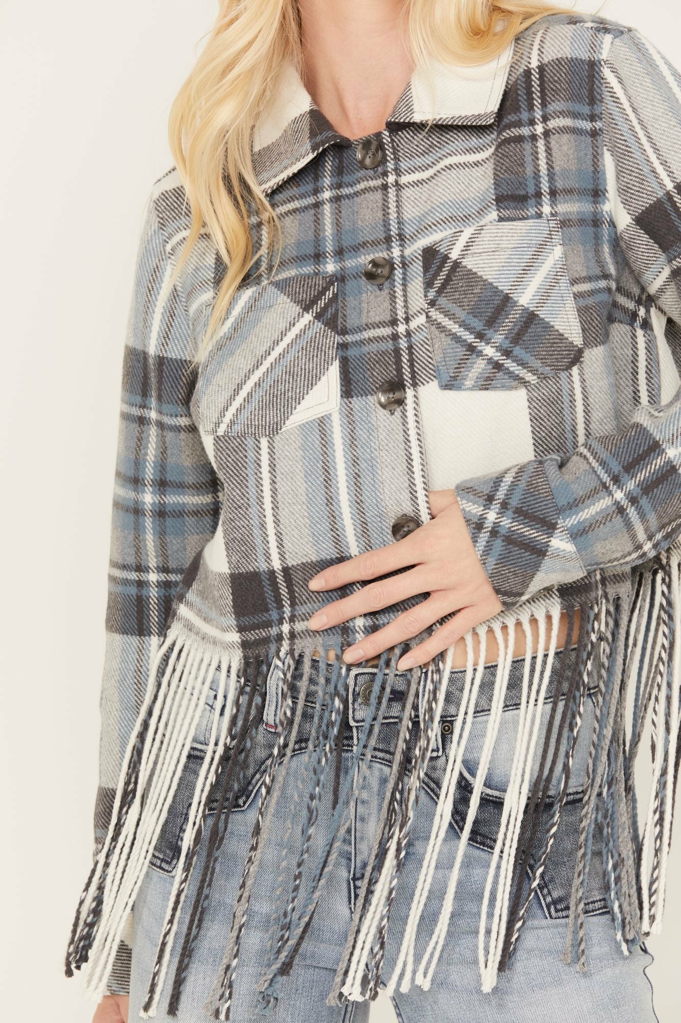 Idyllwind Walker Cropped Fringe Shacket Jacket Navy