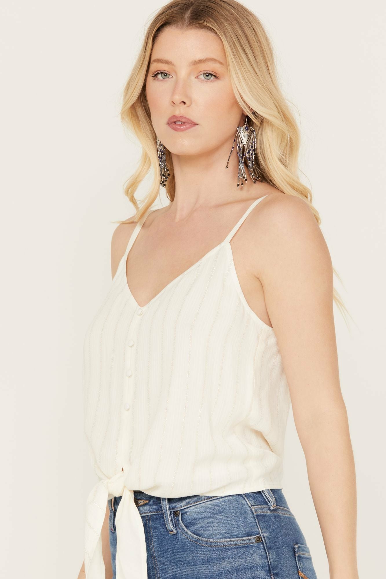Idyllwind Rio Metallic Striped Tie Tank Top Ivory