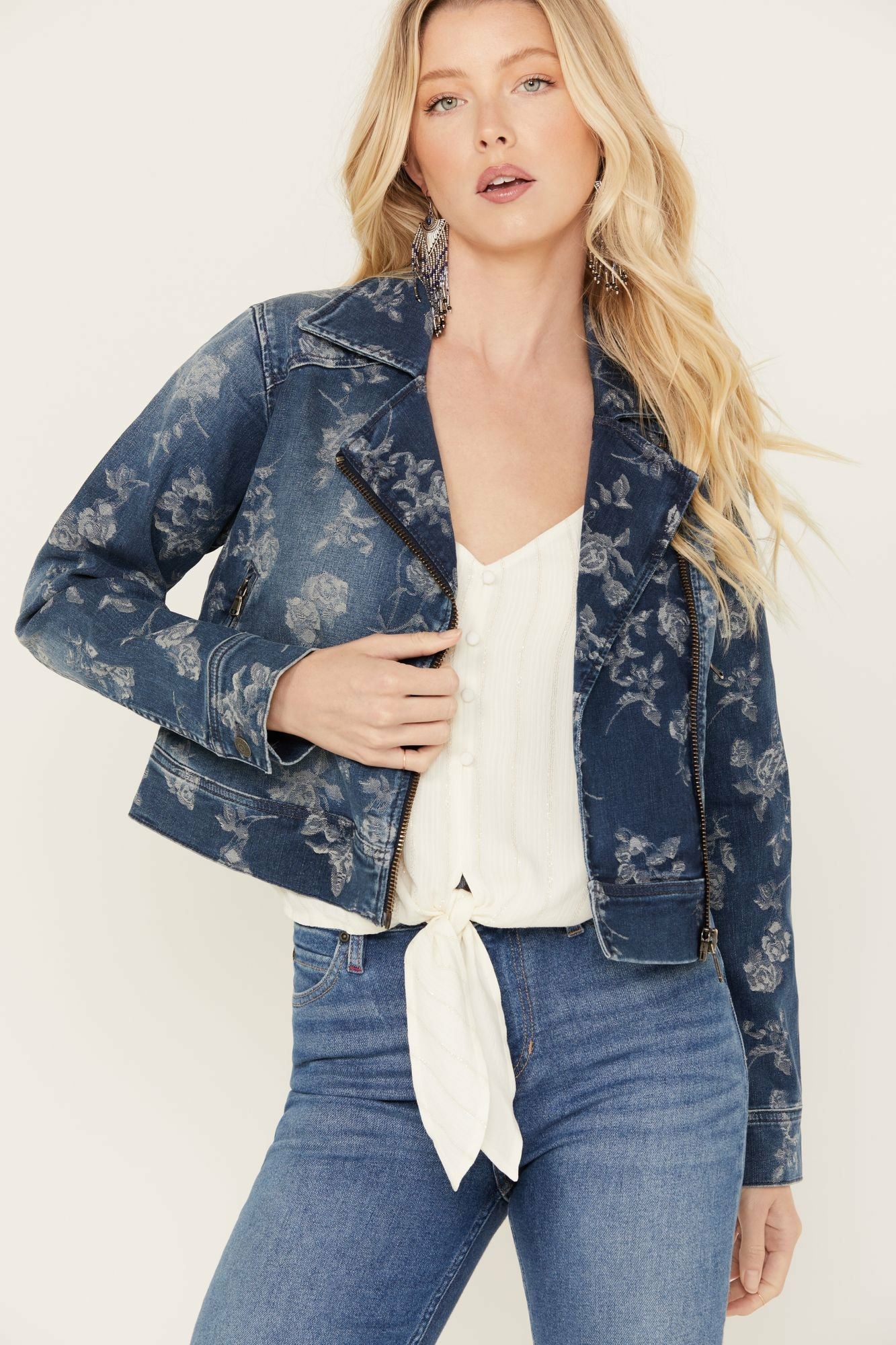 Idyllwind Floral Drive Print Denim Moto Jacket Dark Medium Wash