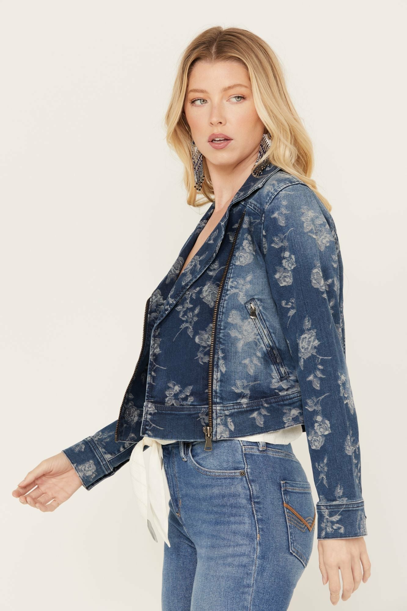 Idyllwind Floral Drive Print Denim Moto Jacket Dark Medium Wash