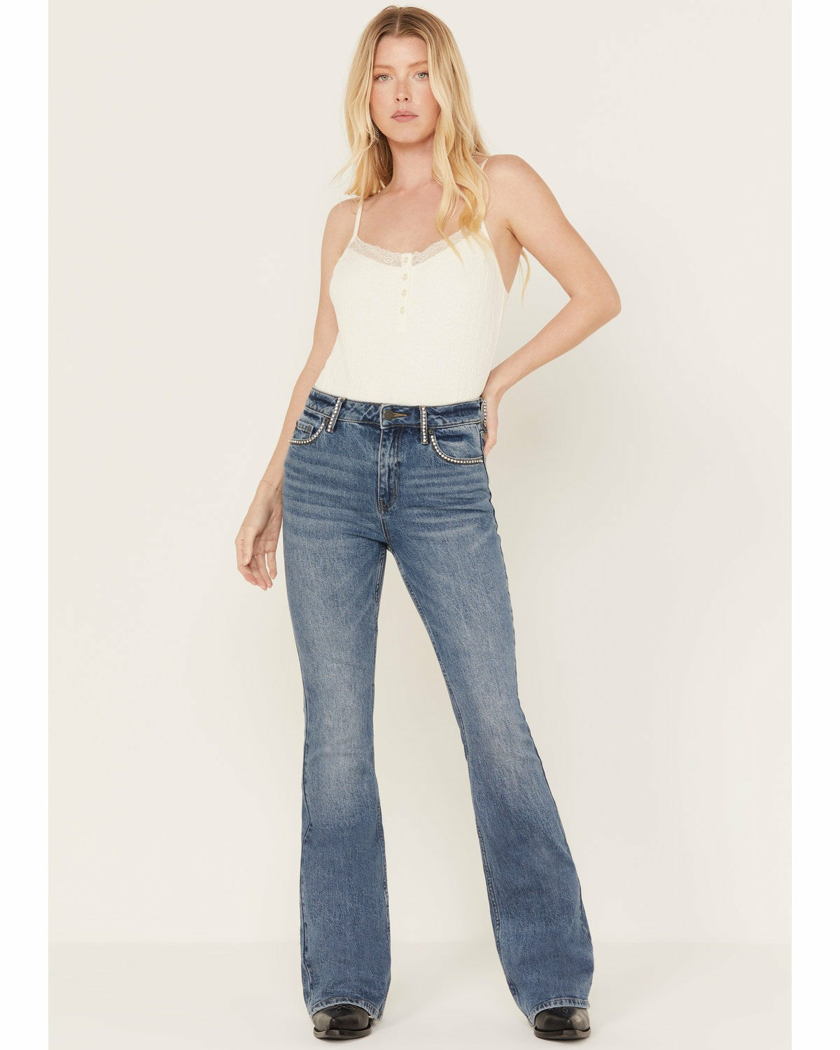 Idyllwind Foxwood High Risin' Rhinestone Flare Jeans Dark Medium Wash
