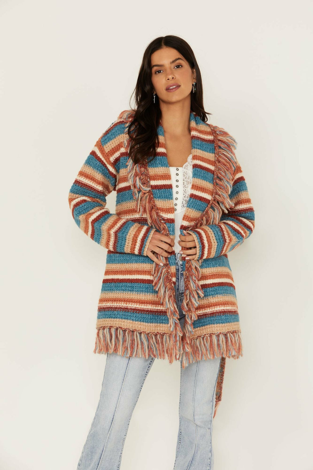 Idyllwind Abilene Striped Fringe Cardigan Sweater Blue