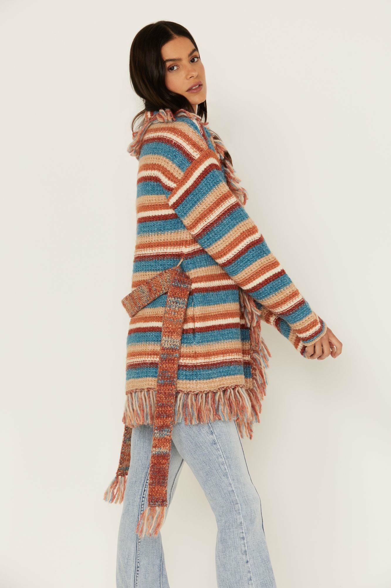 Idyllwind Abilene Striped Fringe Cardigan Sweater Blue