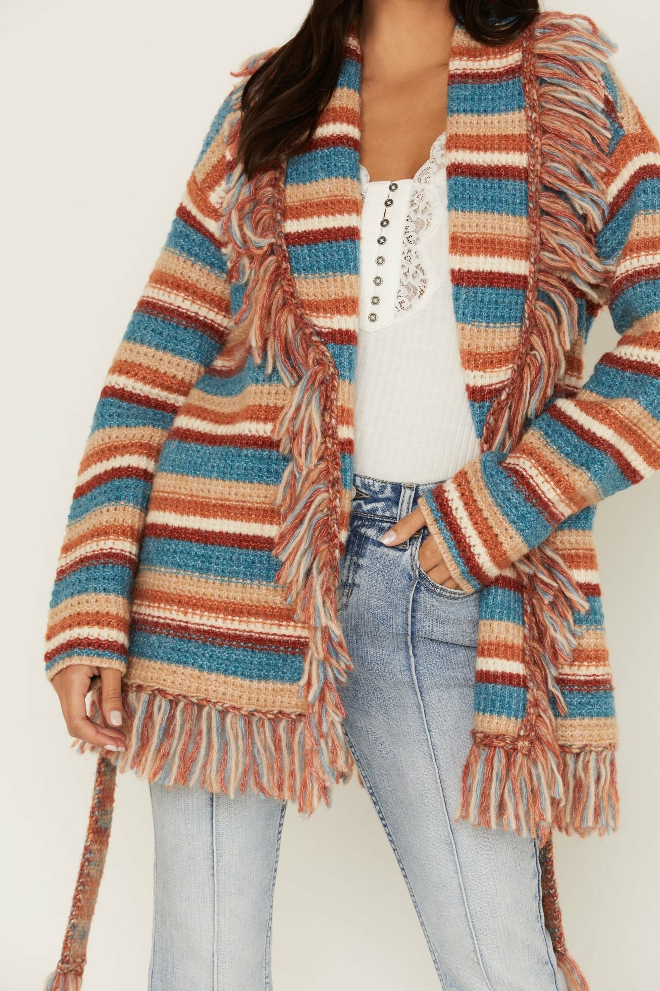 Idyllwind Abilene Striped Fringe Cardigan Sweater Blue
