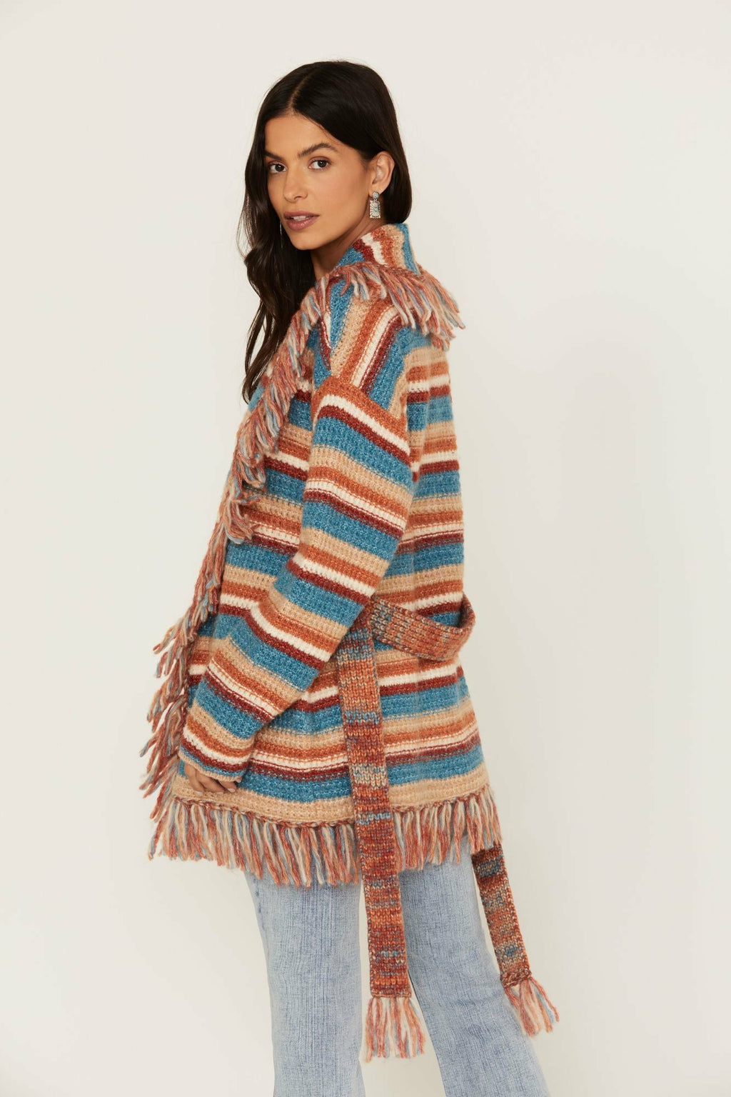 Idyllwind Abilene Striped Fringe Cardigan Sweater Blue