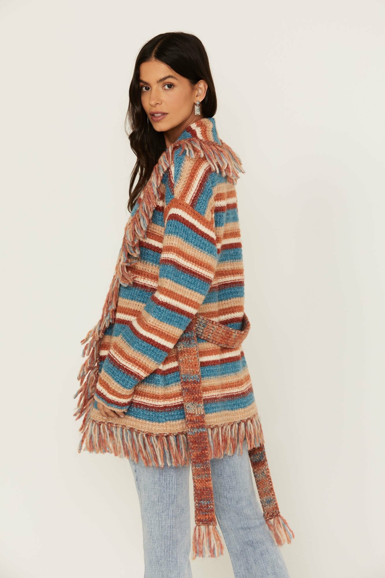 Idyllwind Abilene Striped Fringe Cardigan Sweater Blue