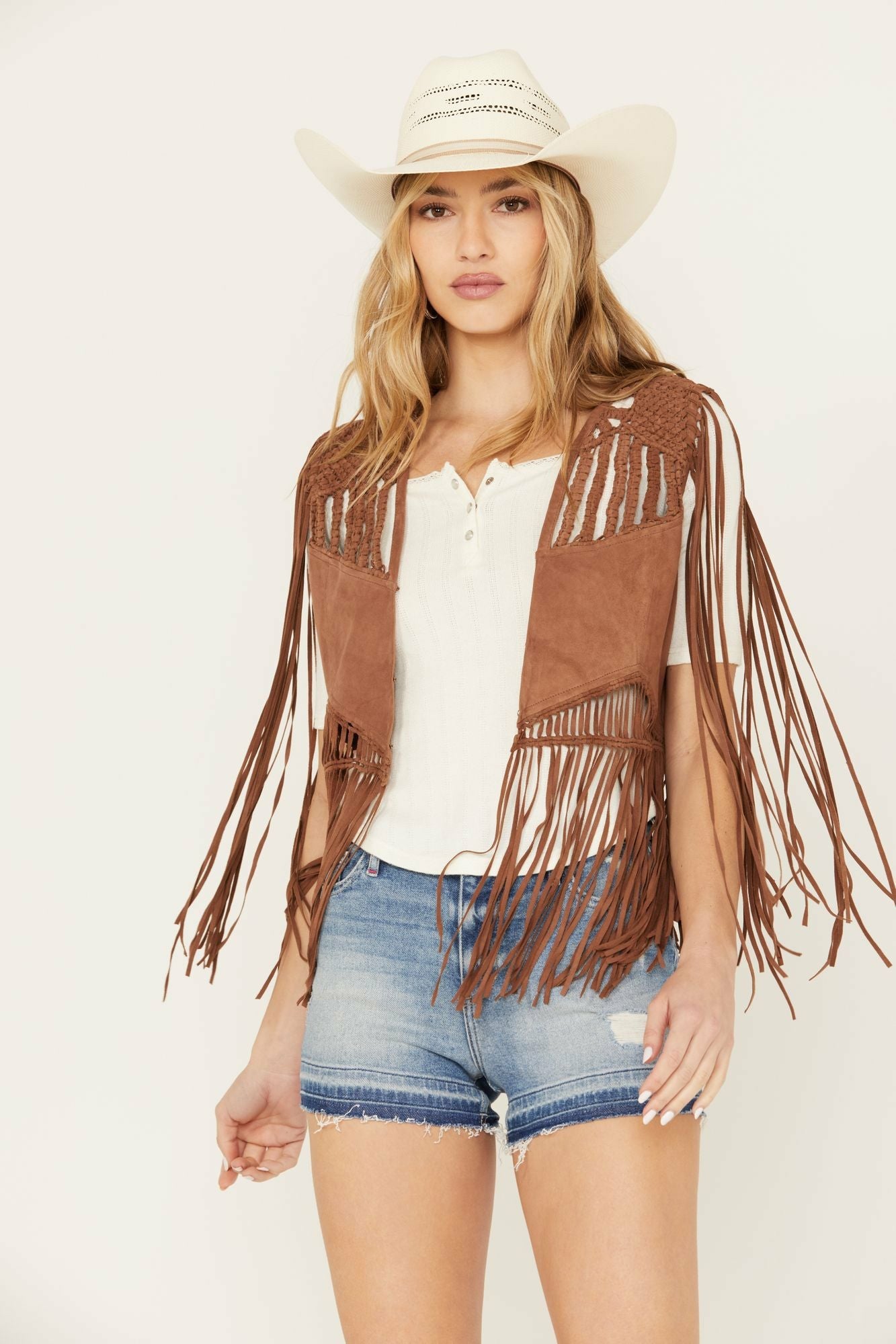 Idyllwind Ennis Suede Crochet Vest Brown