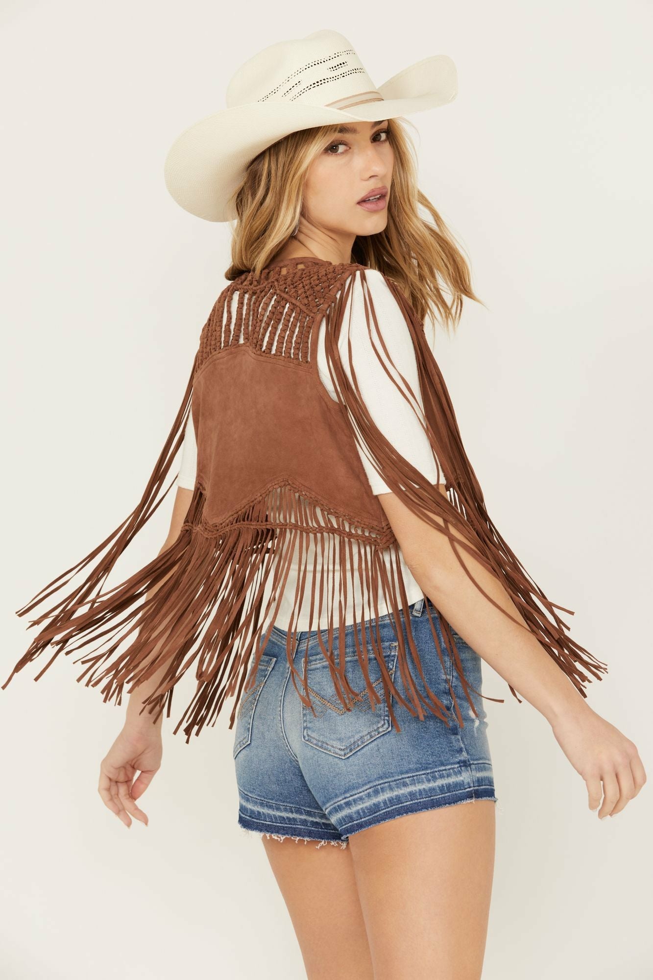 Idyllwind Ennis Suede Crochet Vest Brown