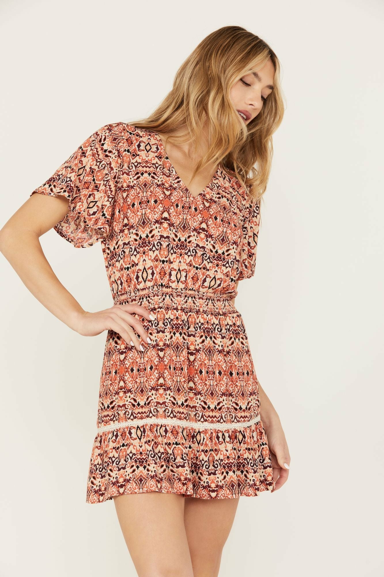 Idyllwind Blossom Flutter Sleeve Smocked Dress Maroon