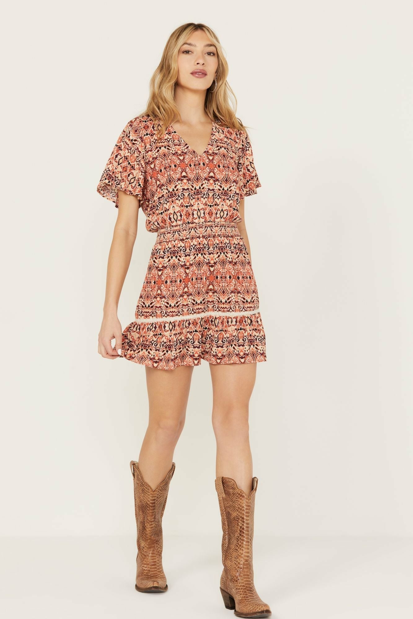 Idyllwind Blossom Flutter Sleeve Smocked Dress Maroon