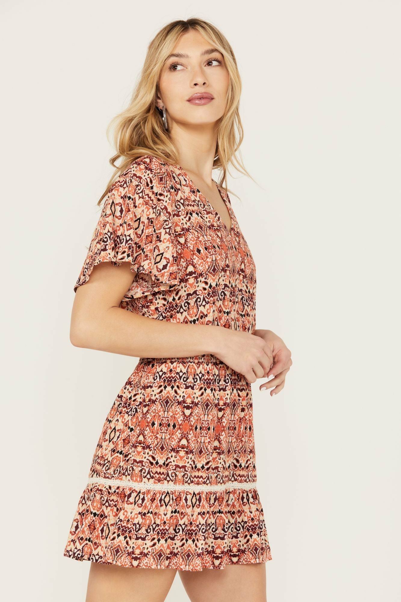 Idyllwind Blossom Flutter Sleeve Smocked Dress Maroon