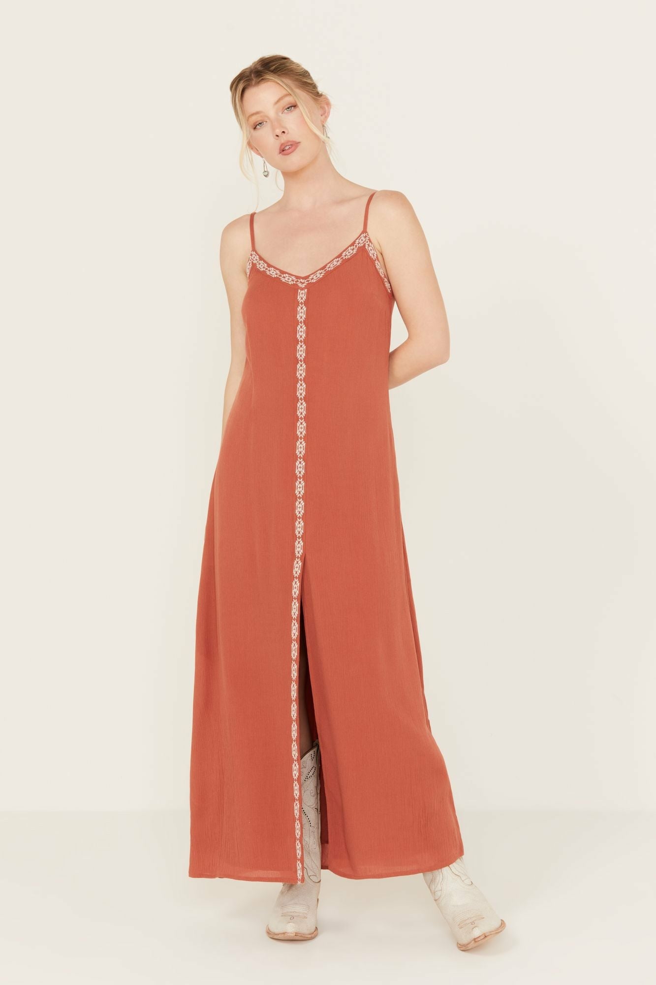 Idyllwind Myrtle Embroidered Trim Maxi Dress Pecan