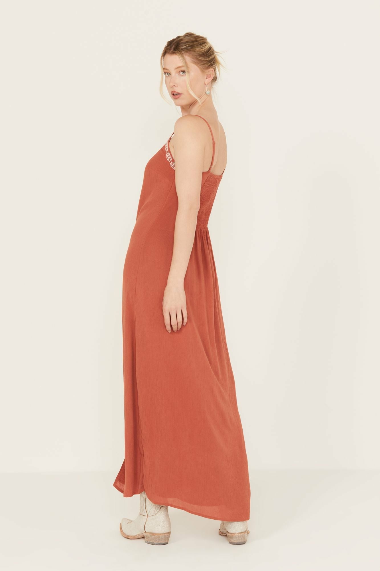 Idyllwind Myrtle Embroidered Trim Maxi Dress Pecan
