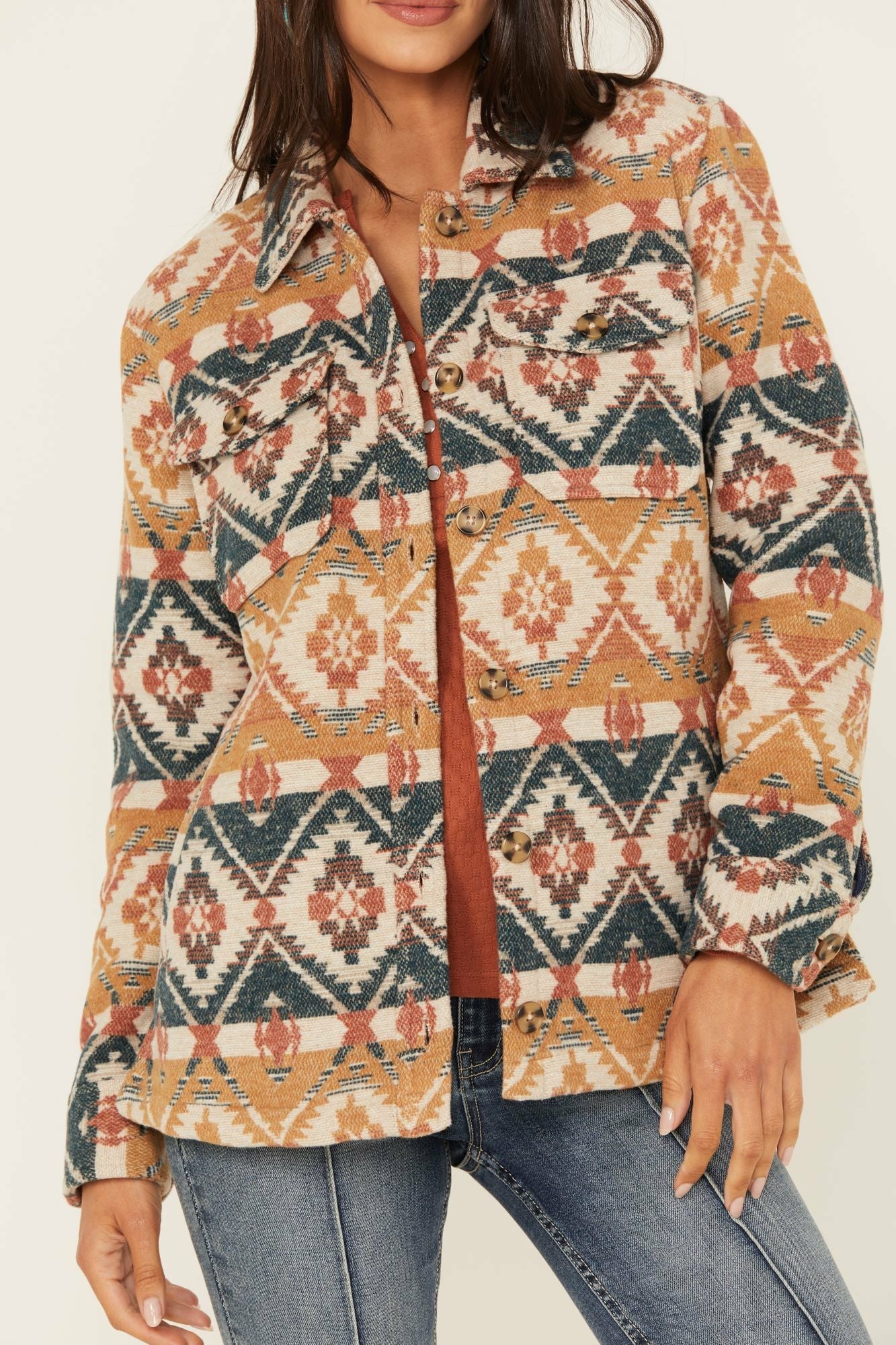 Idyllwind Southwestern Striped Shacket Medium Brown