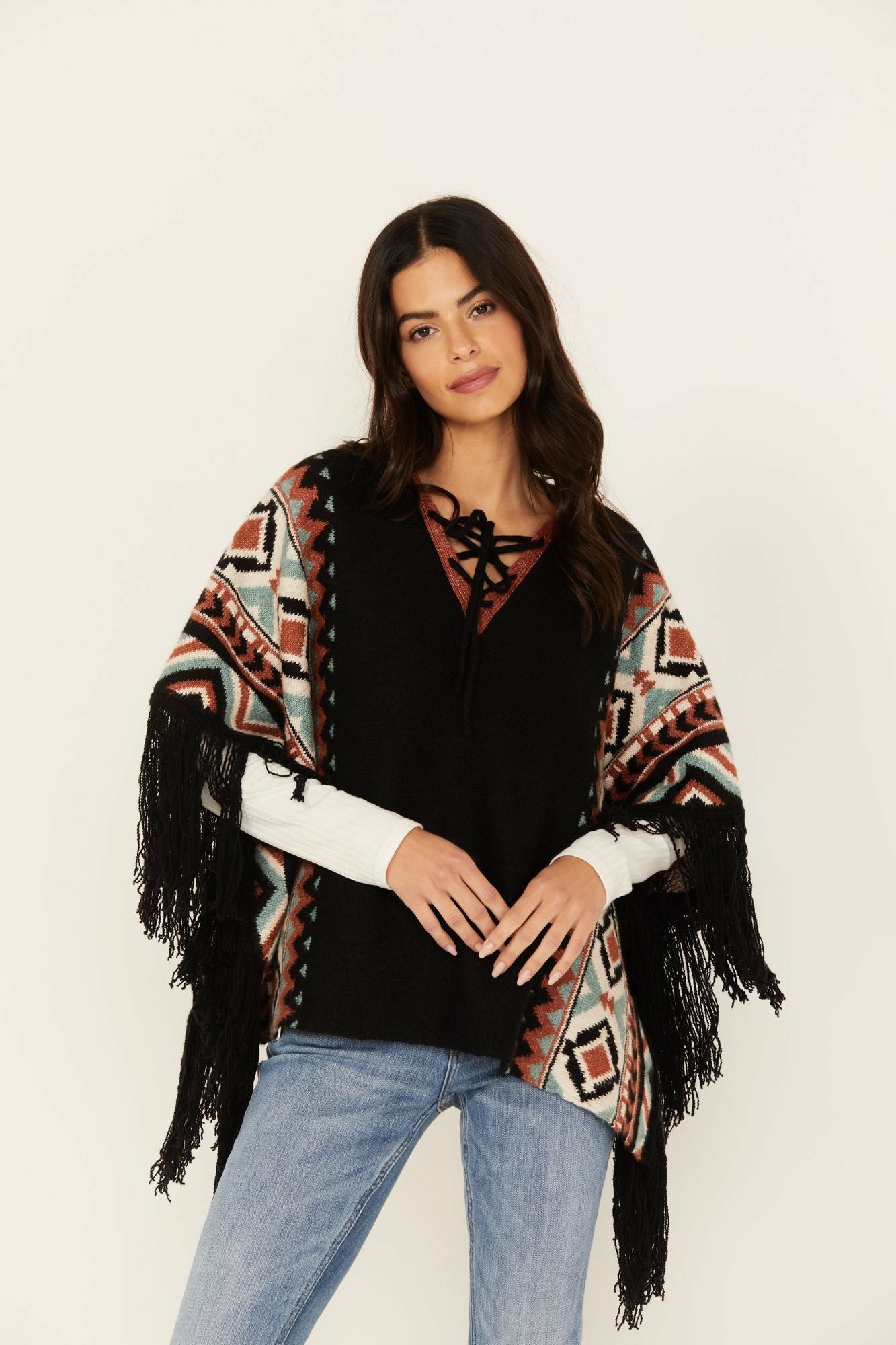 Idyllwind Alma Southwestern Poncho Sweater Black