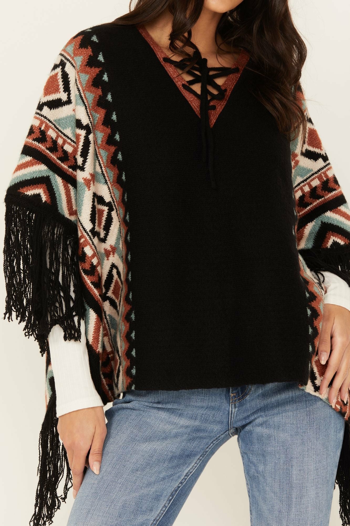 Idyllwind Alma Southwestern Poncho Sweater Black