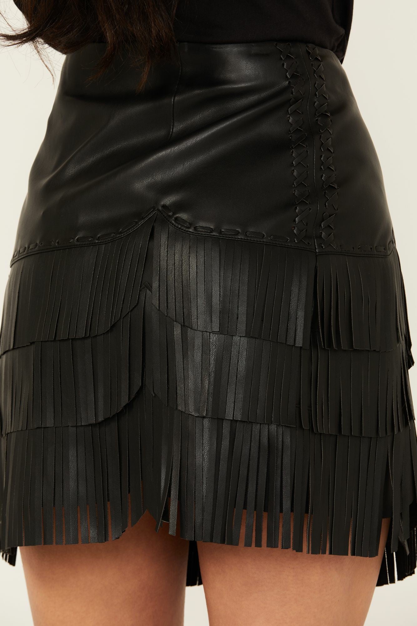Idyllwind Irene Fringe Faux Leather Skirt Black