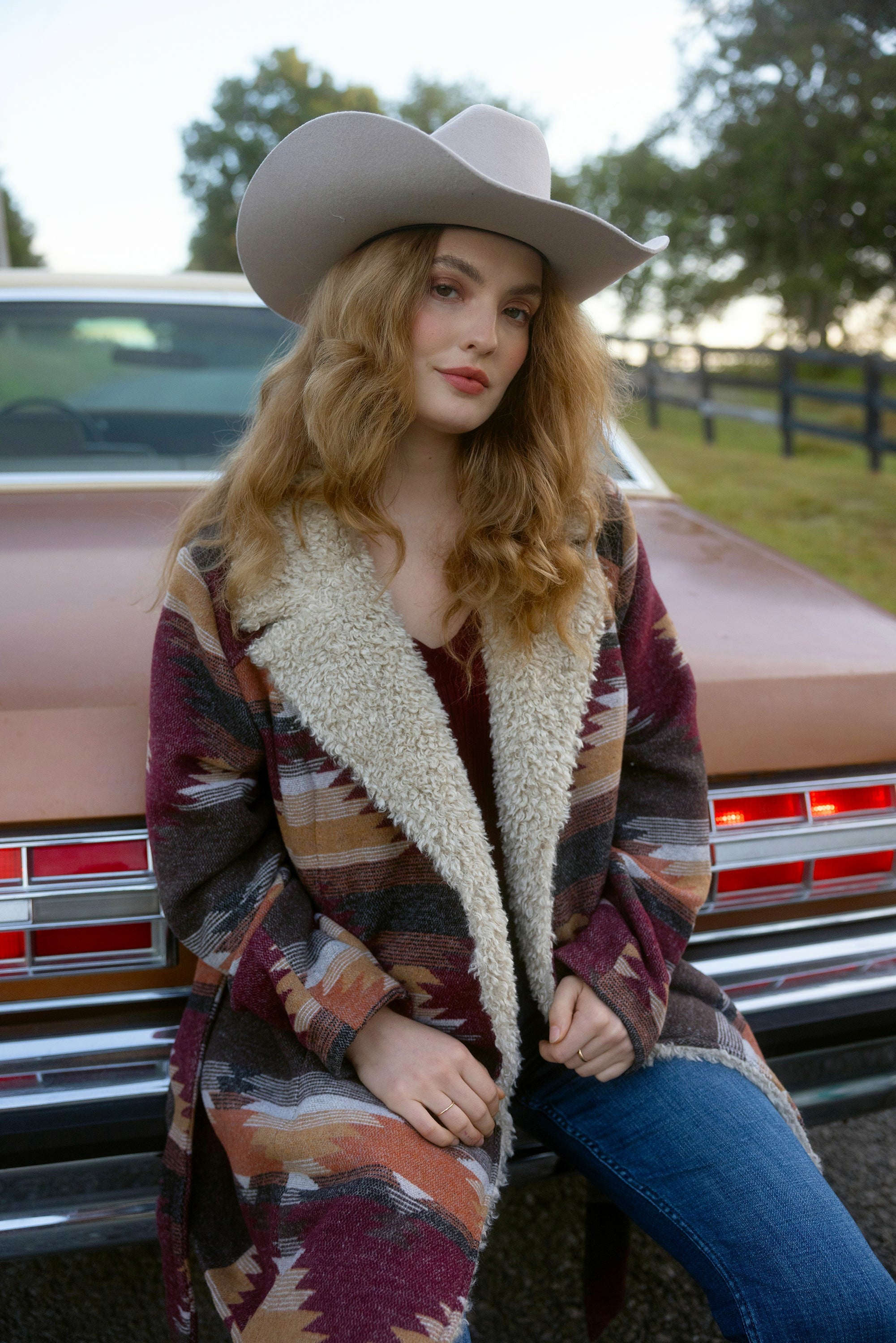 Idyllwind Lynn Southwestern Print Faux Fur Collar Shacket Dark Brown