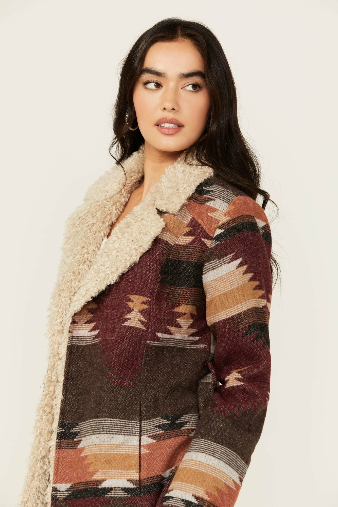 Idyllwind Lynn Southwestern Print Faux Fur Collar Shacket Dark Brown