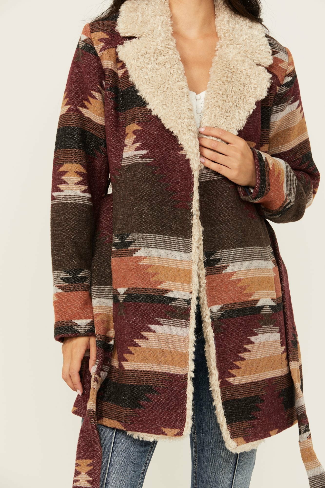 Idyllwind Lynn Southwestern Print Faux Fur Collar Shacket Dark Brown