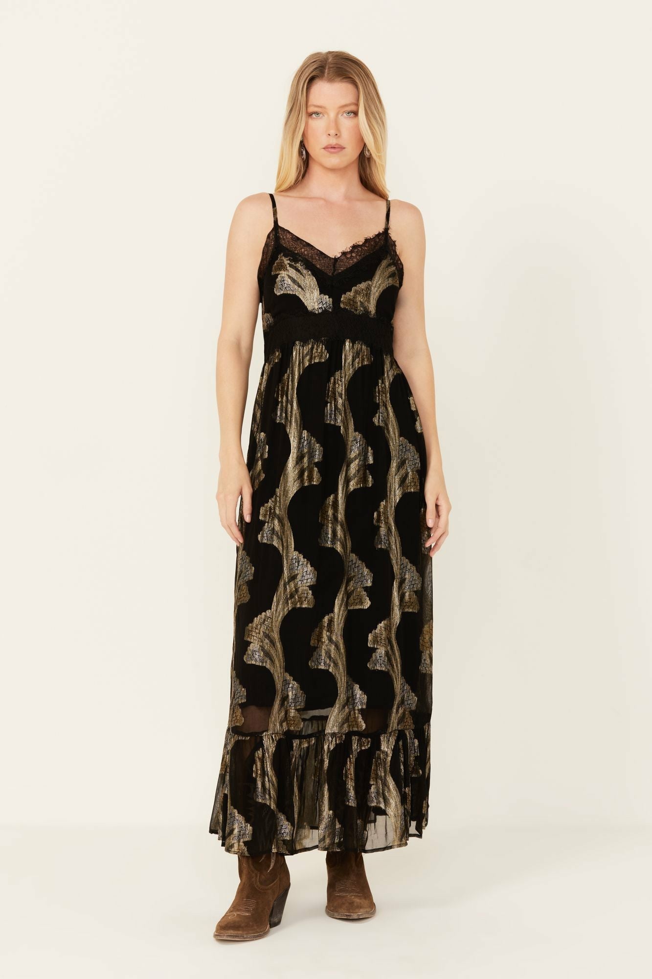 Idyllwind Verde Lace Inset Metallic Print Dress Black