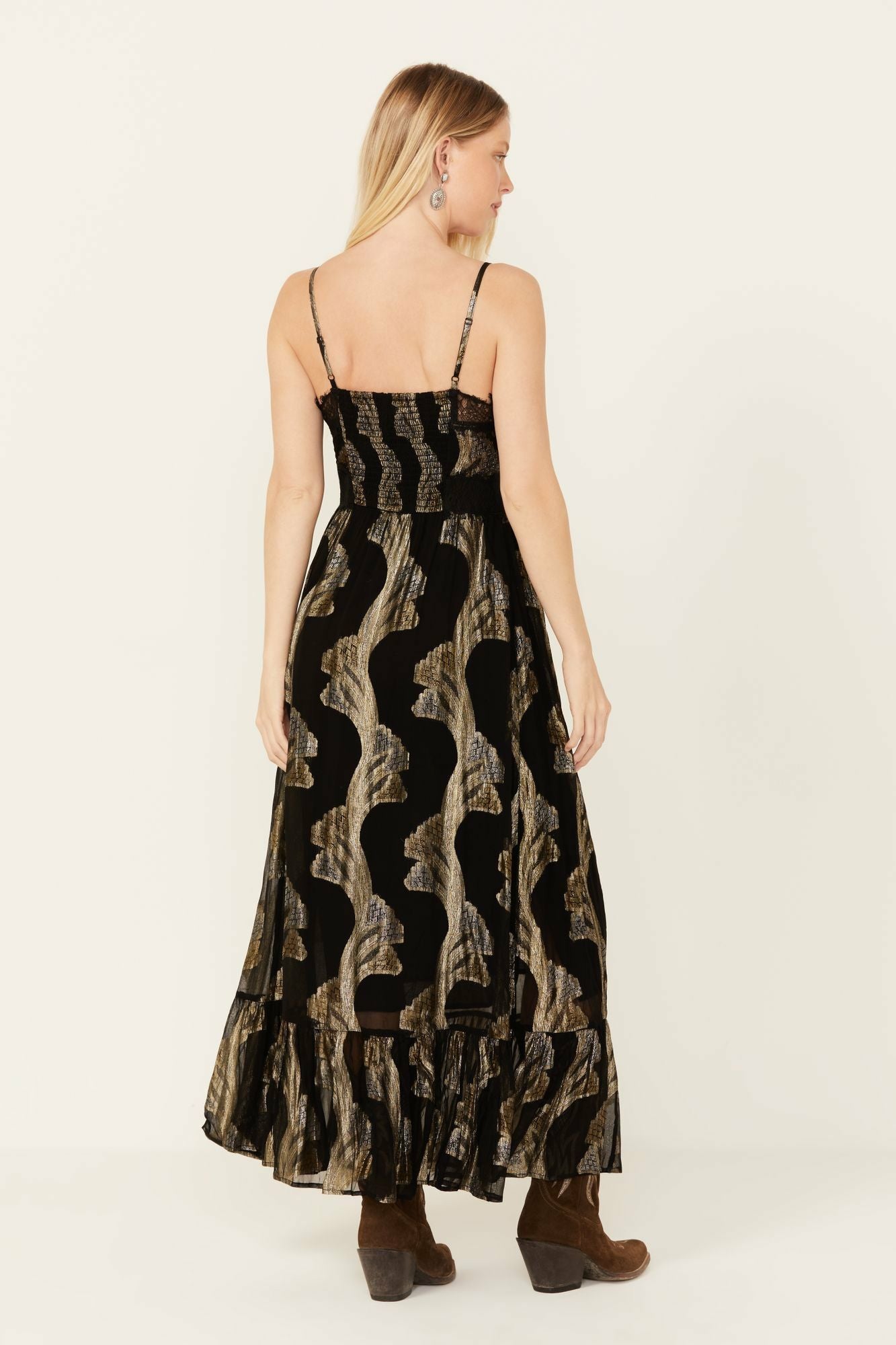Idyllwind Verde Lace Inset Metallic Print Dress Black