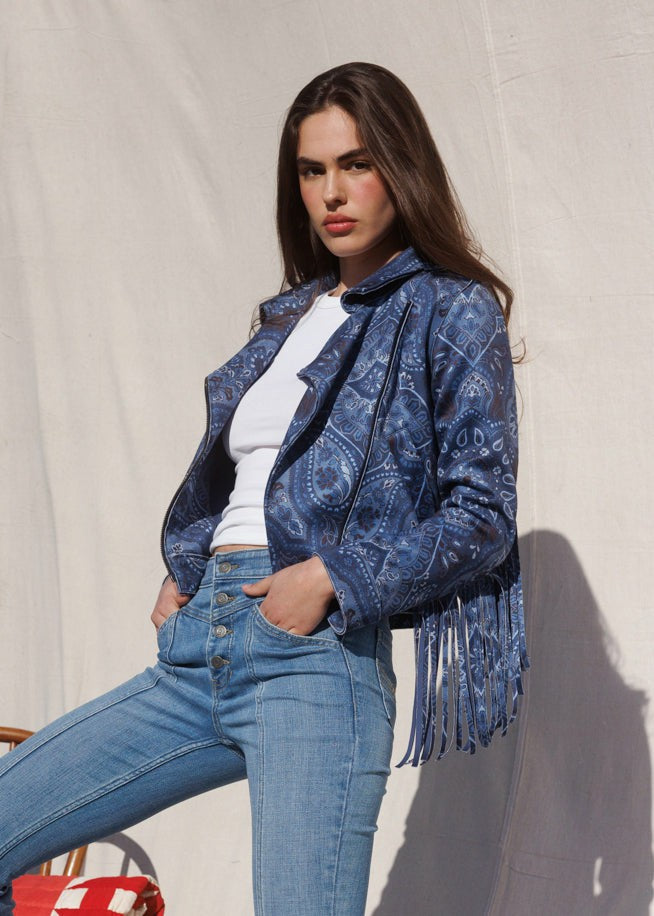 Idyllwind Banbury Printed Faux Suede Fringe Moto Jacket Steel Blue