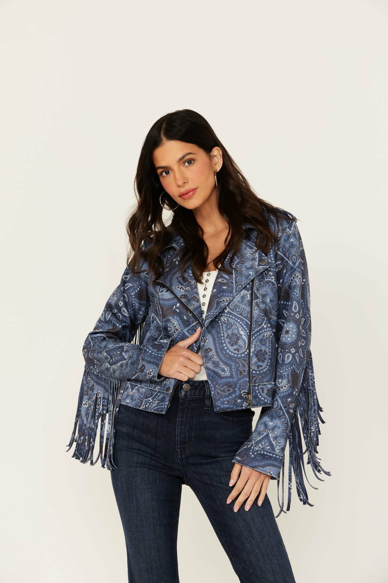 Idyllwind Banbury Printed Faux Suede Fringe Moto Jacket Steel Blue