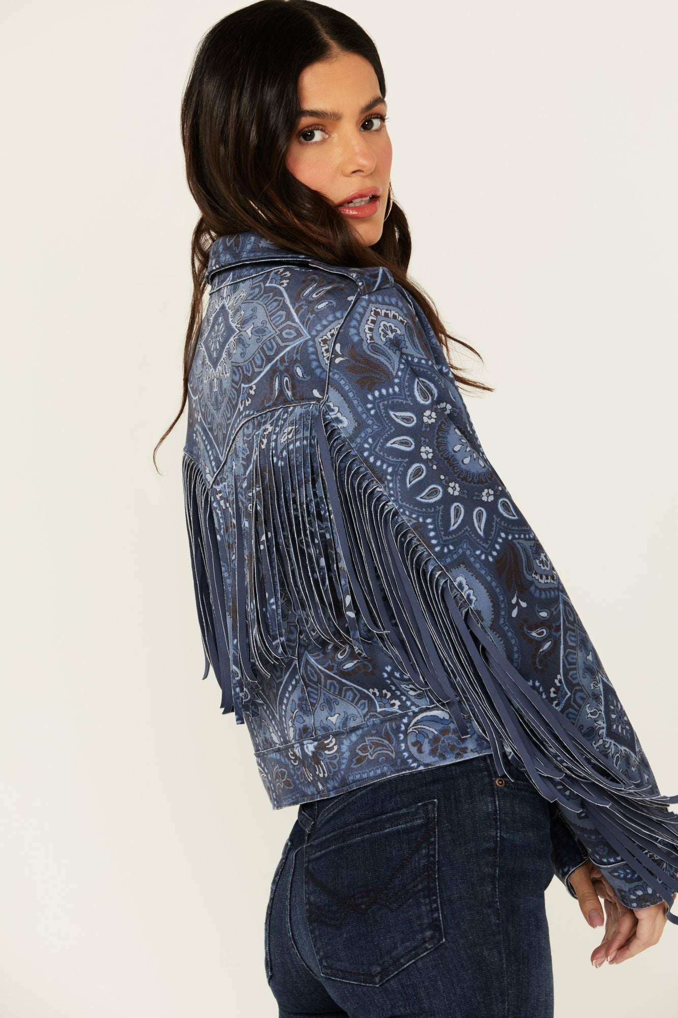 Idyllwind Banbury Printed Faux Suede Fringe Moto Jacket Steel Blue